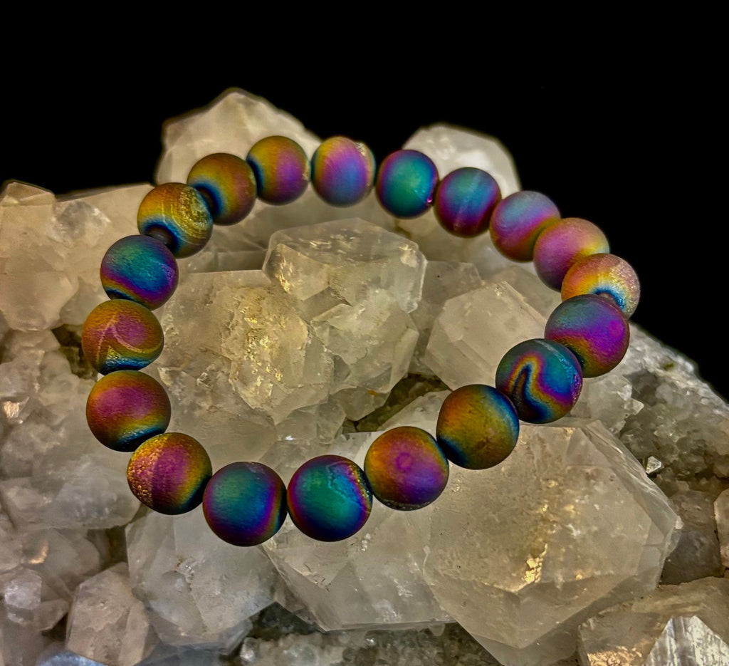 Peacock Rainbow Druzy Agate Bracelet – Titanium Coated 10mm Beads | Stretch Fit | Iridescent Statement Jewelry