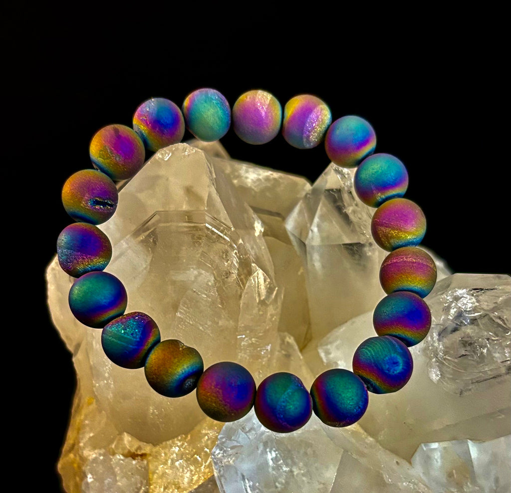 Peacock Rainbow Druzy Agate Bracelet – Titanium Coated 10mm Beads | Stretch Fit | Iridescent Statement Jewelry