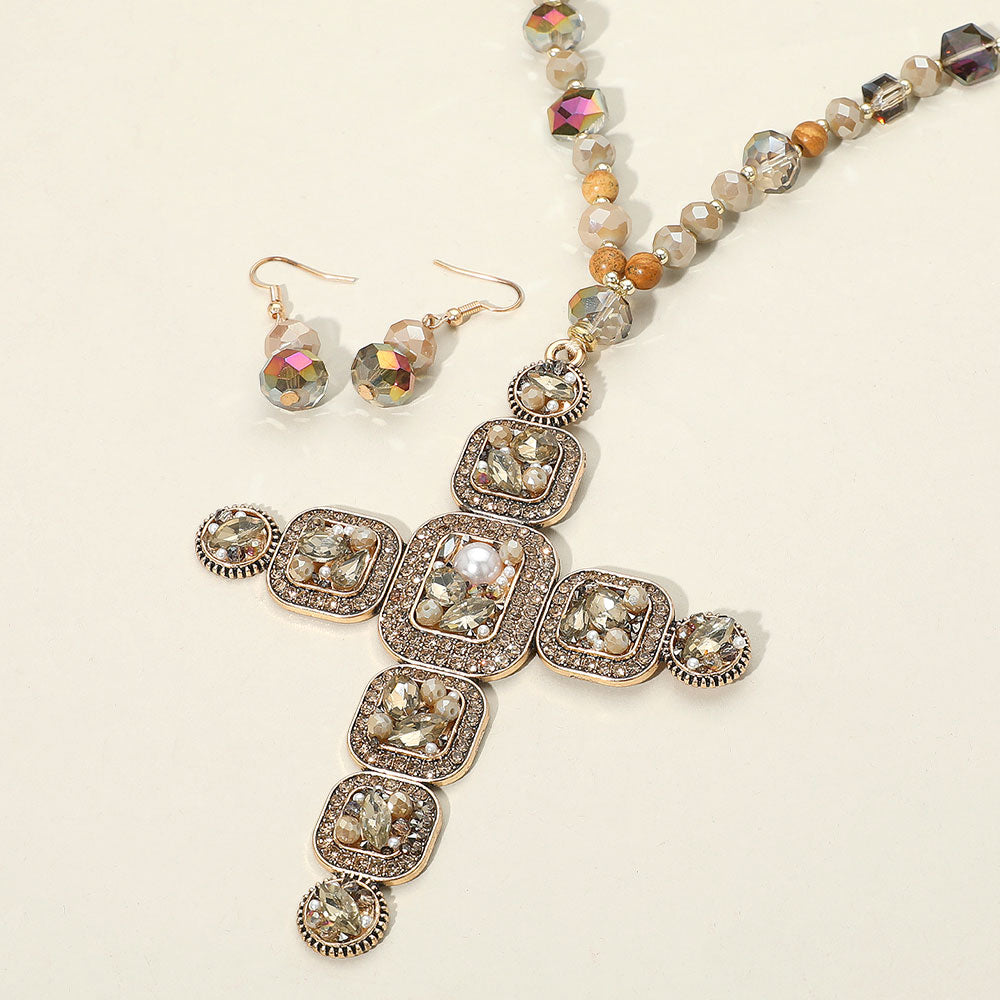 Crystal Cross Beaded Necklace & Earring Set