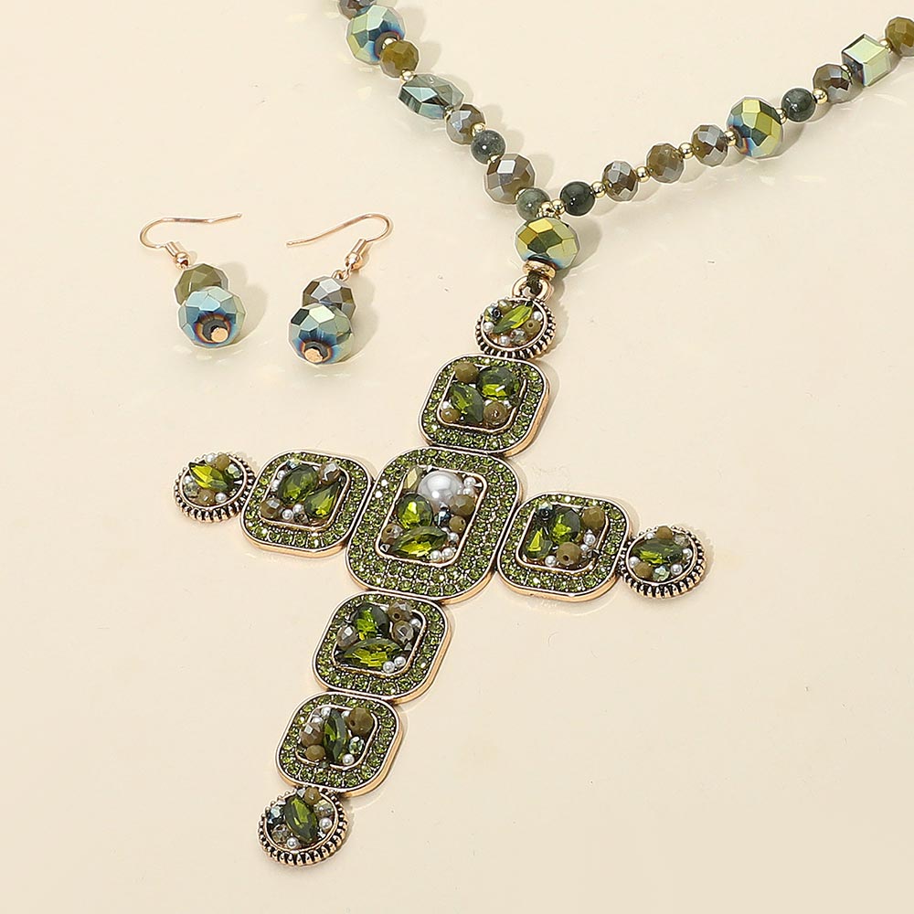 Crystal Cross Beaded Necklace & Earring Set