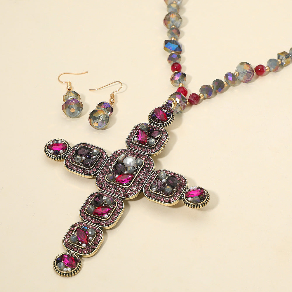 Crystal Cross Beaded Necklace & Earring Set
