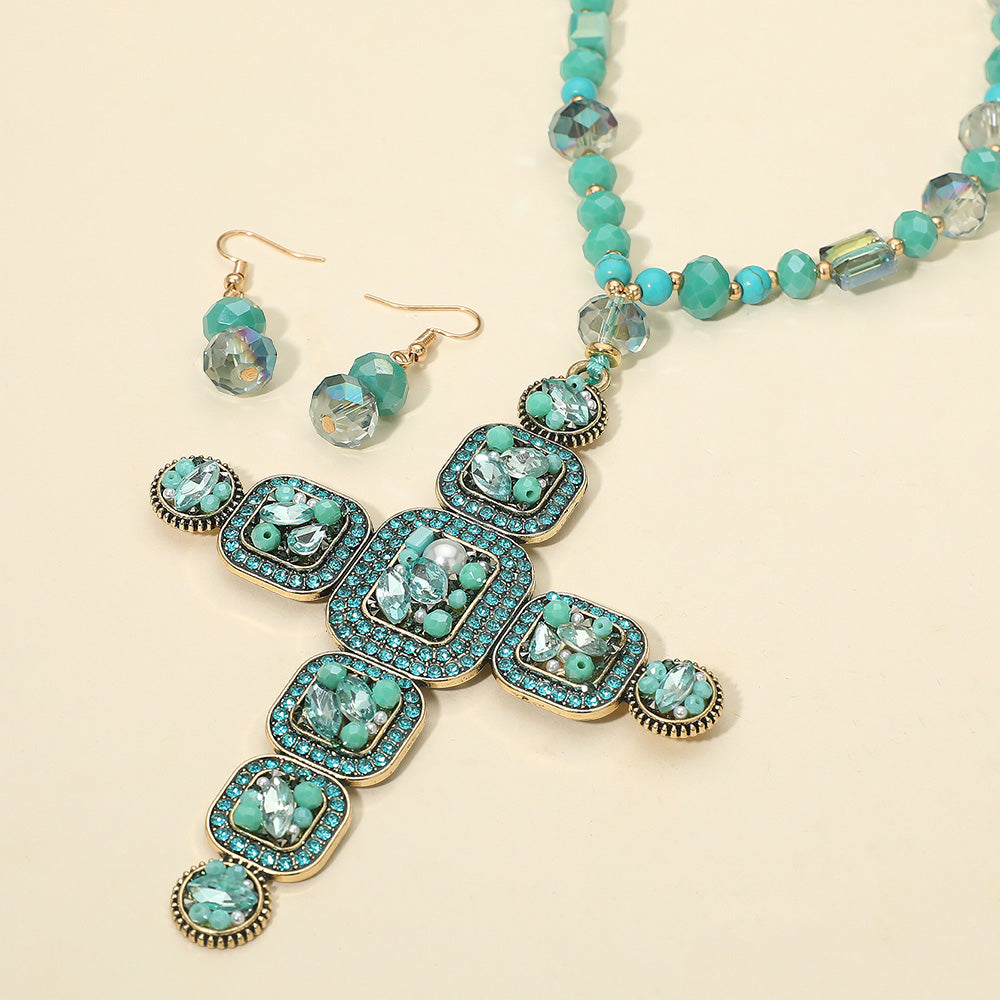 Crystal Cross Beaded Necklace & Earring Set