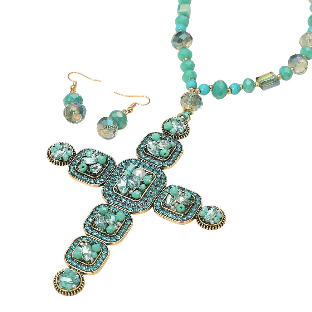 Stone Pearl Embellished Cluster Cross Pendant Faceted Beaded Long Necklace