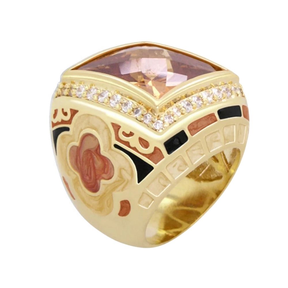 Orange Enamel Art Deco CZ Cocktail Ring