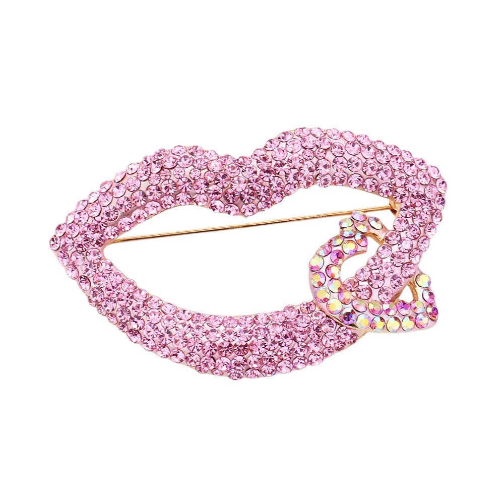 Lips & Heart Rhinestone Brooch