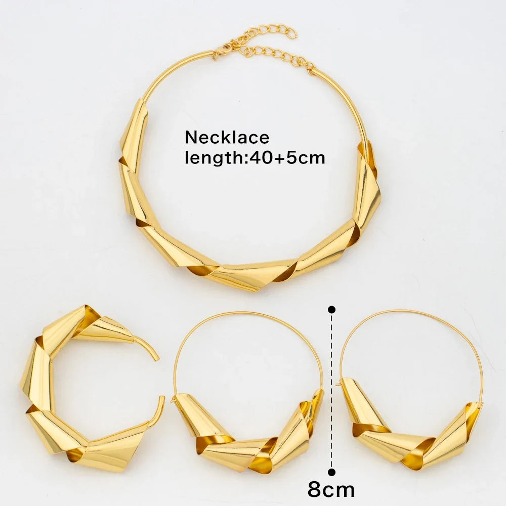 Luxury Gold Plated Dubai Jewelry Set For Women African Copper Twist Bold Design Earrings Necklace Bracelet Quality Jewelry Gift