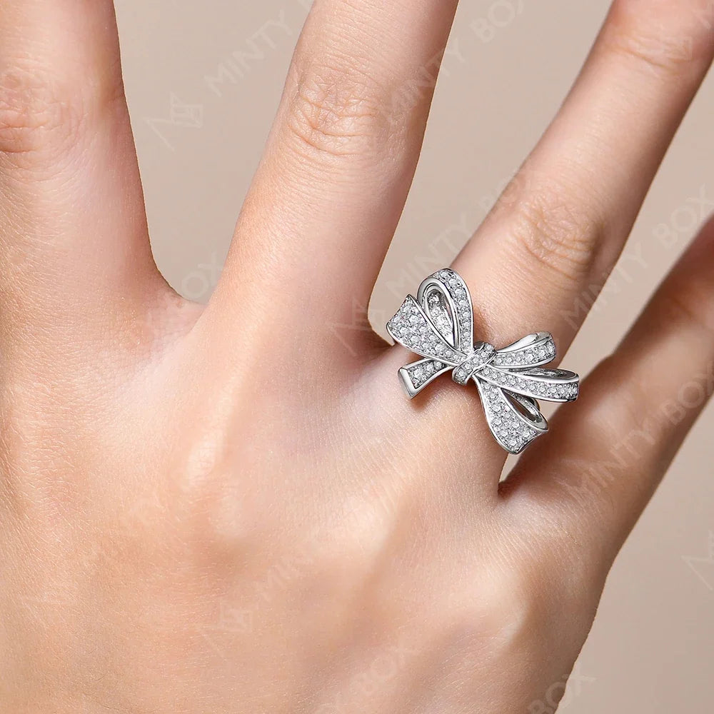 MINTYBOX S925 Sterling Silver Bowknot Lab Moissanite Engagement Ring for Women Luxury Diamond Rings Wedding Fine Jewelry Gift