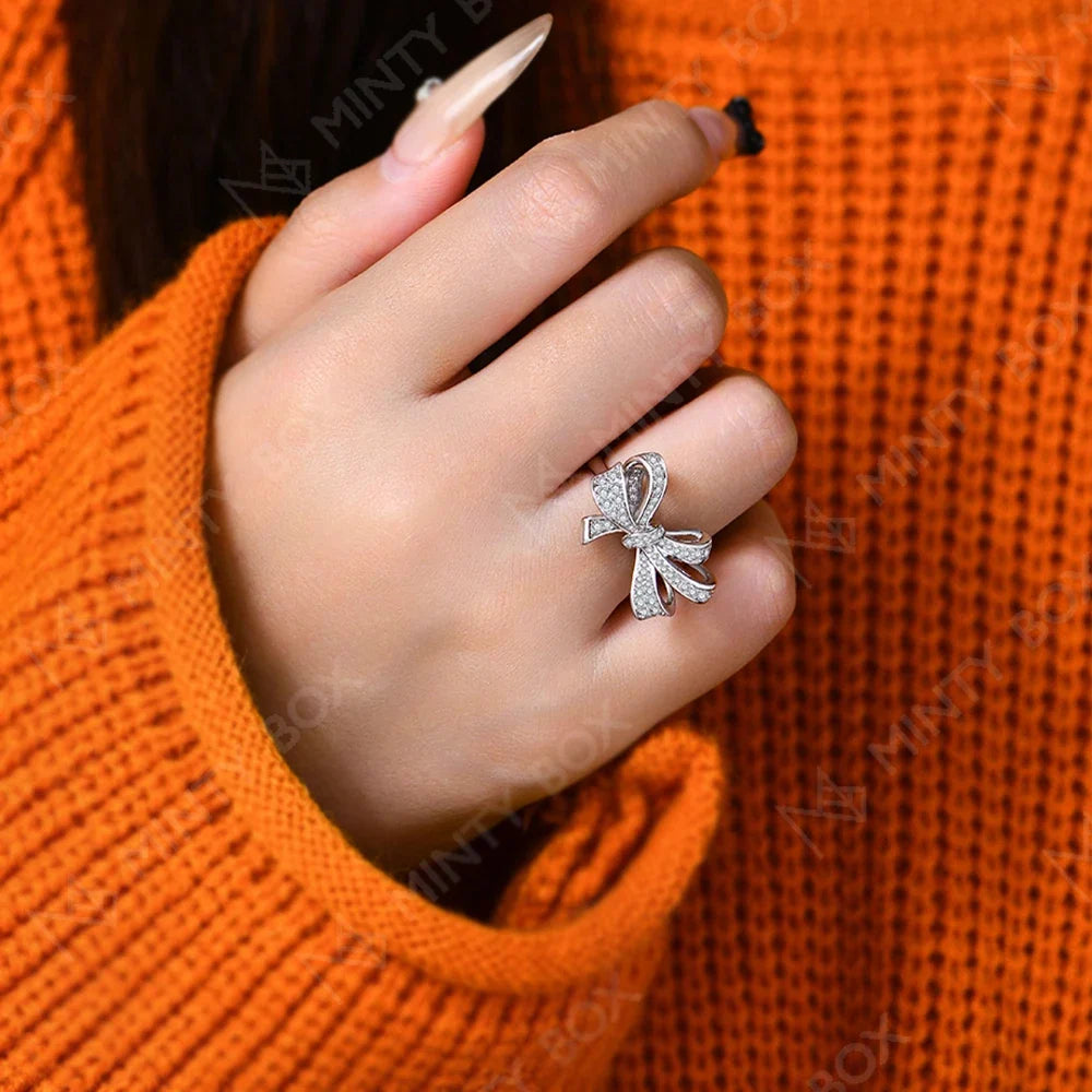 MINTYBOX S925 Sterling Silver Bowknot Lab Moissanite Engagement Ring for Women Luxury Diamond Rings Wedding Fine Jewelry Gift