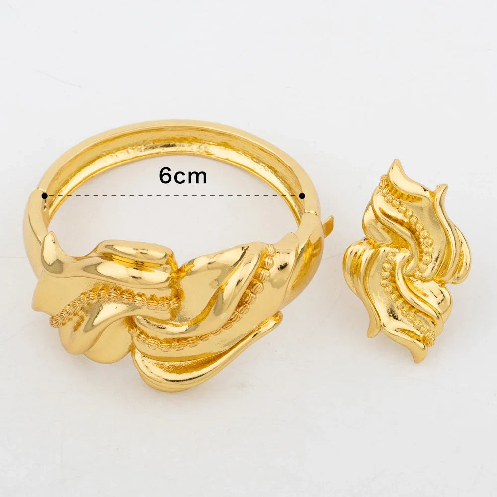 Large Hoop Bangle for Women Flower Italian Dubai Gold Color Bracelet Ring Jewelry Set Luxury Copper Fashion Birthday Party Gift