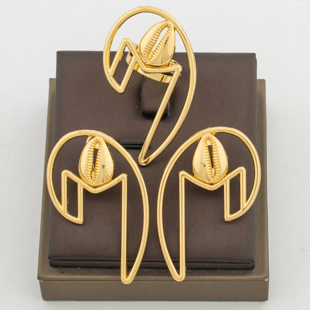 Geometric Gold-Tone Earrings & Ring Jewelry Set