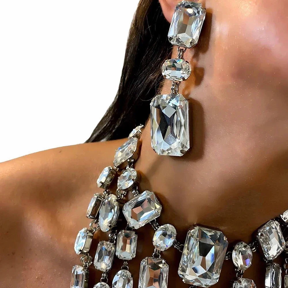 Square Rhinestone Crystal Tassel Fringe Jewelry Set