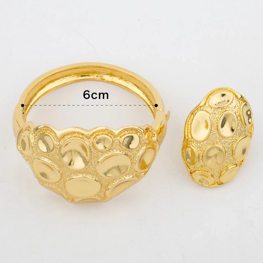 Large Hoop Bangle for Women Flower Italian Dubai Gold Color Bracelet Ring Jewelry Set Luxury Copper Fashion Birthday Party Gift