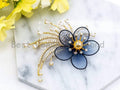 Blue Silk Crystal Flower Brooch