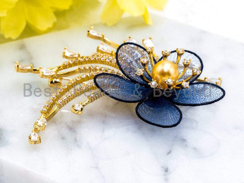 Blue Silk Crystal Flower Brooch