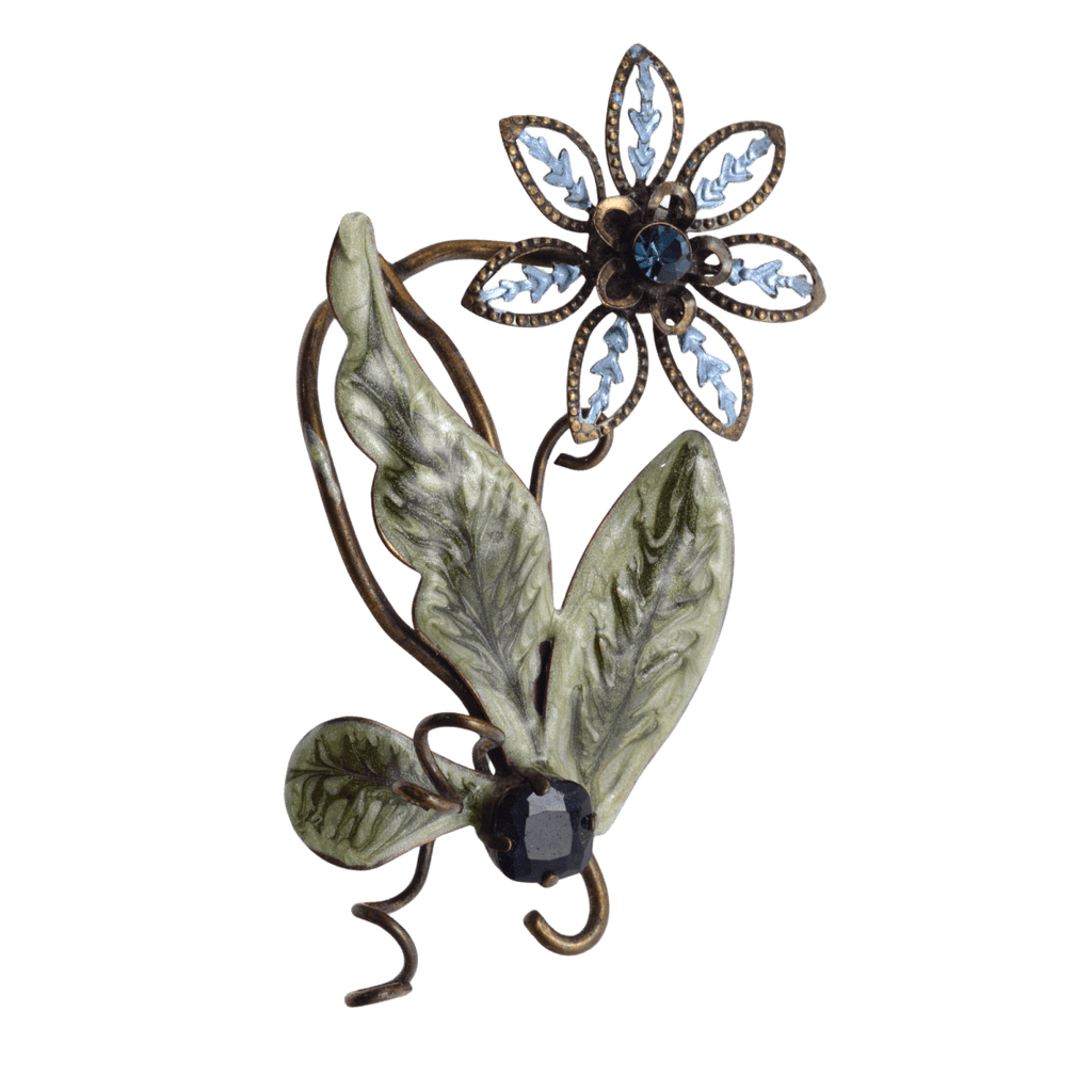 Vintage Blue Rhinestone Floral Brooch with Green Enamel Leaves - 32x69mm Base Metal Pin