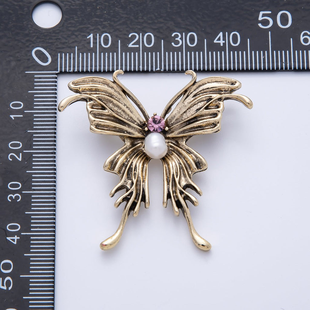 Vintage Gold 41mm Purple CZ Shell Pearl Butterfly Mariposa Animals Brooch Pin | BH-016