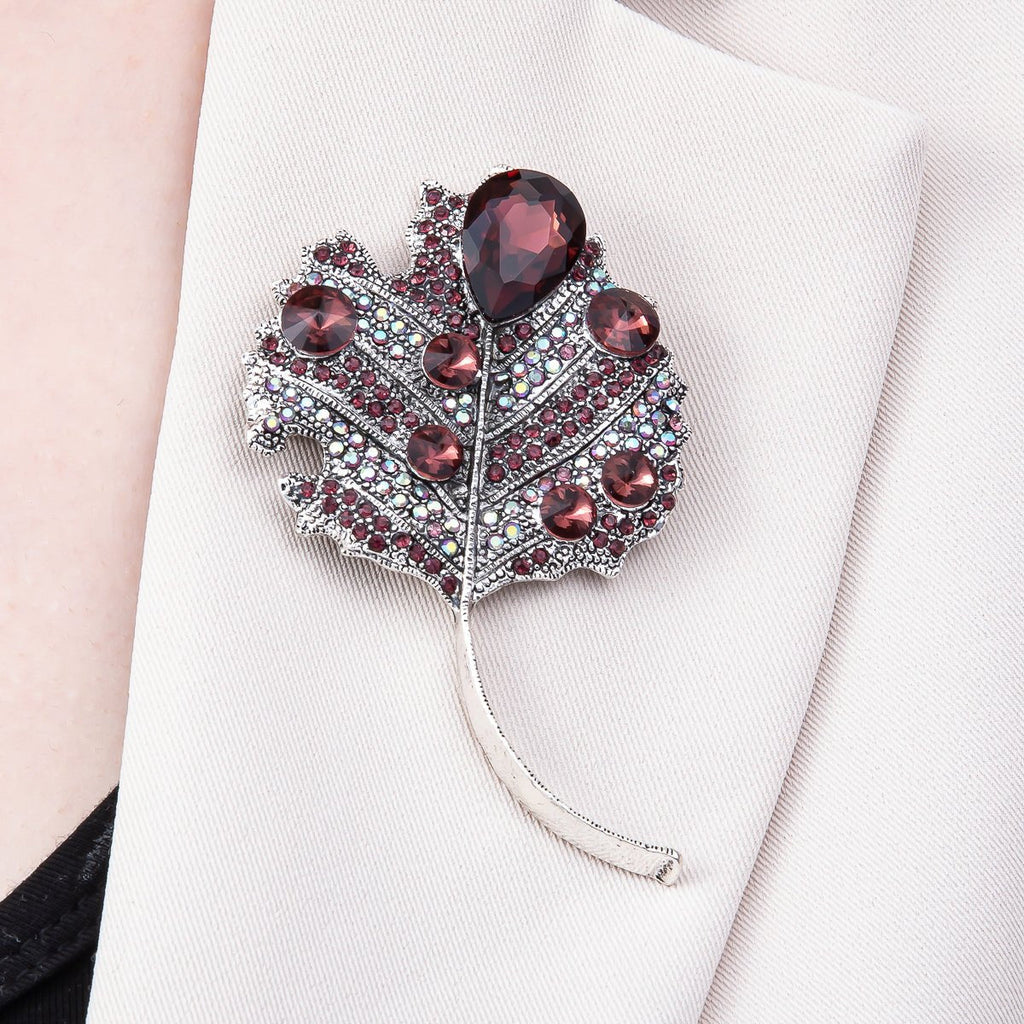 Red Crystal Botanical Leaf Brooch