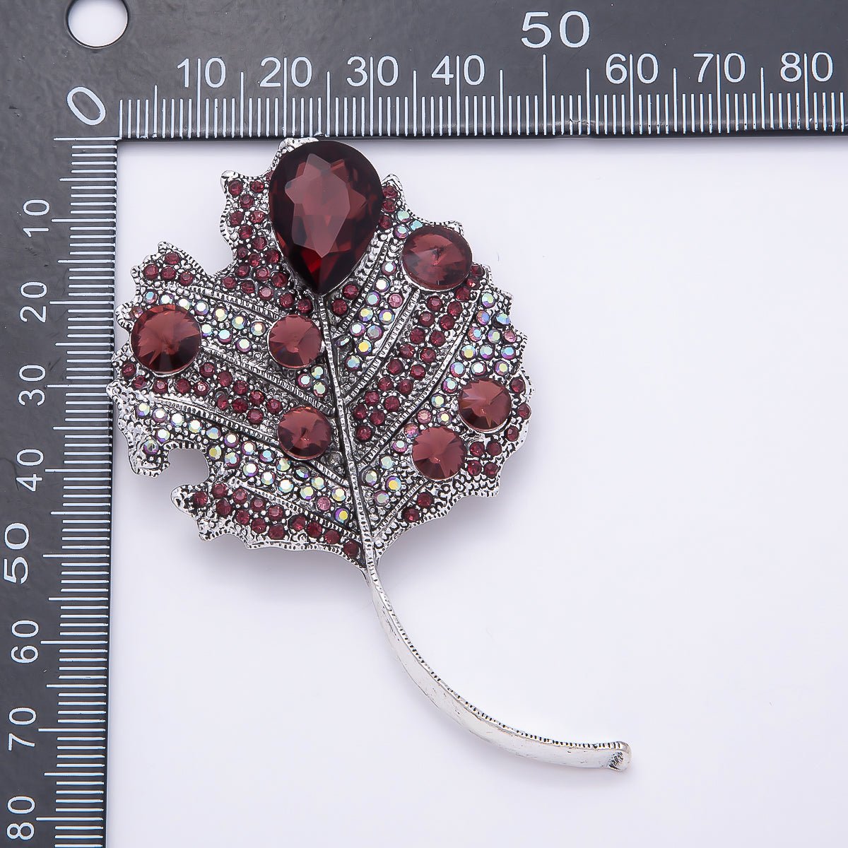 Red Crystal Botanical Leaf Brooch