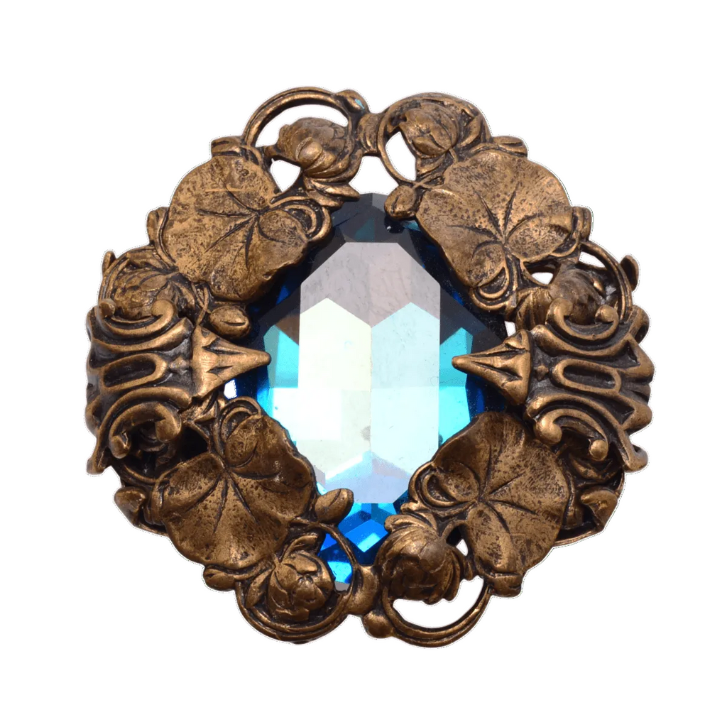 Art Nouveau Sapphire Glass Brooch - Base Metal Floral Setting 41mm Vintage Style Pin