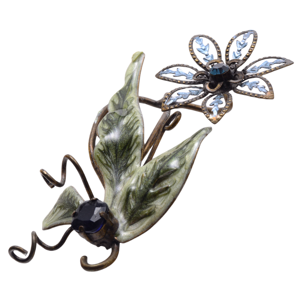 Vintage Blue Rhinestone Floral Brooch with Green Enamel Leaves - 32x69mm Base Metal Pin