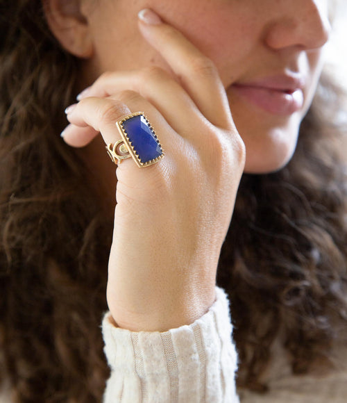 Blue Agate Filigree Bronze Statement Ring
