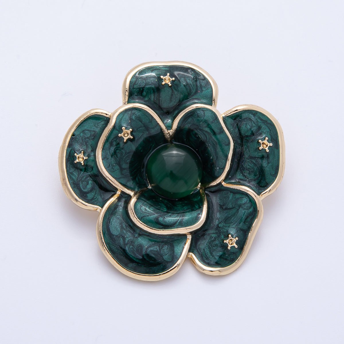 White & Green Enamel Crystal Flower Brooch