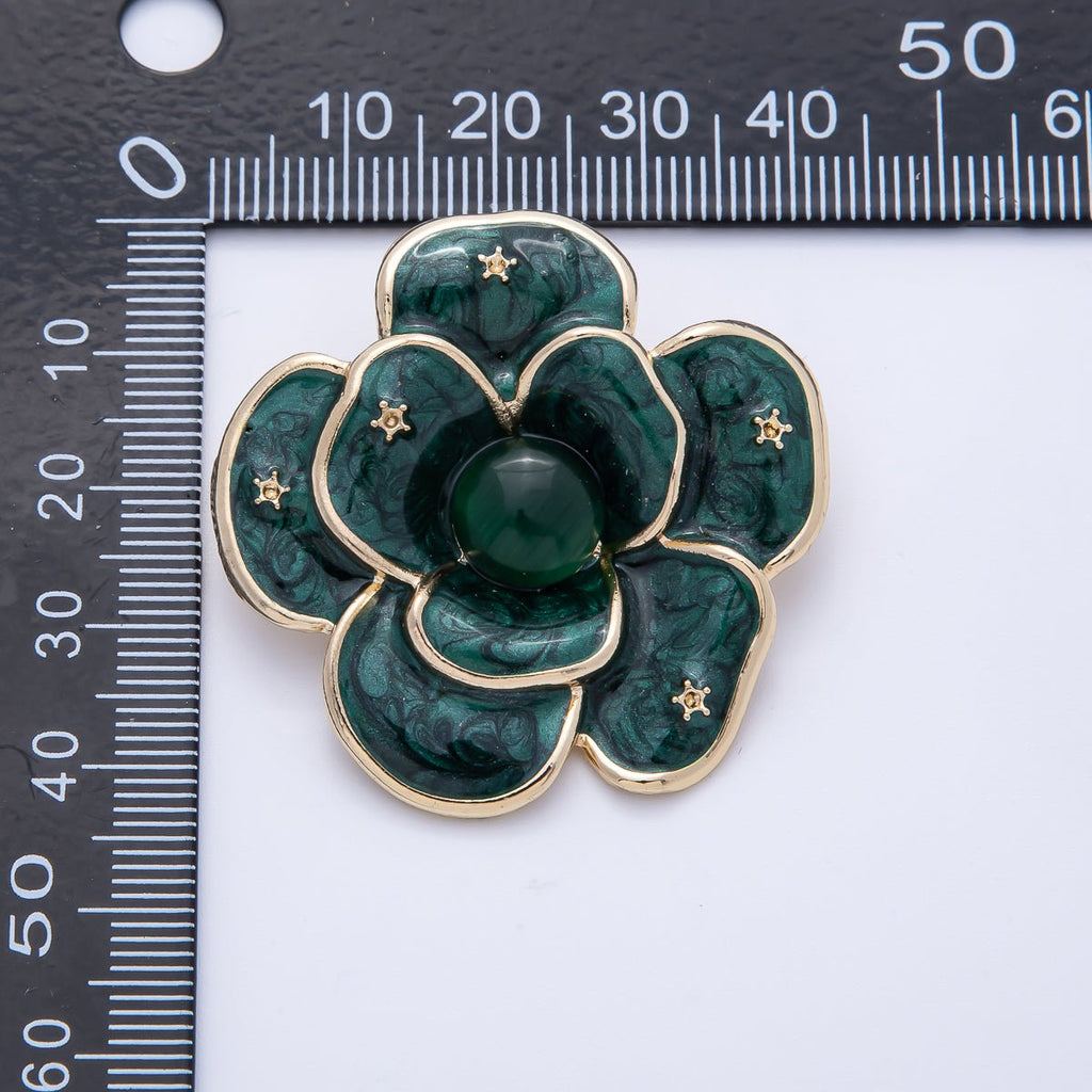 Gold 40mm x 38.4mm White, Green Enamel Flower Pin Brooch | BH-090 BH-091