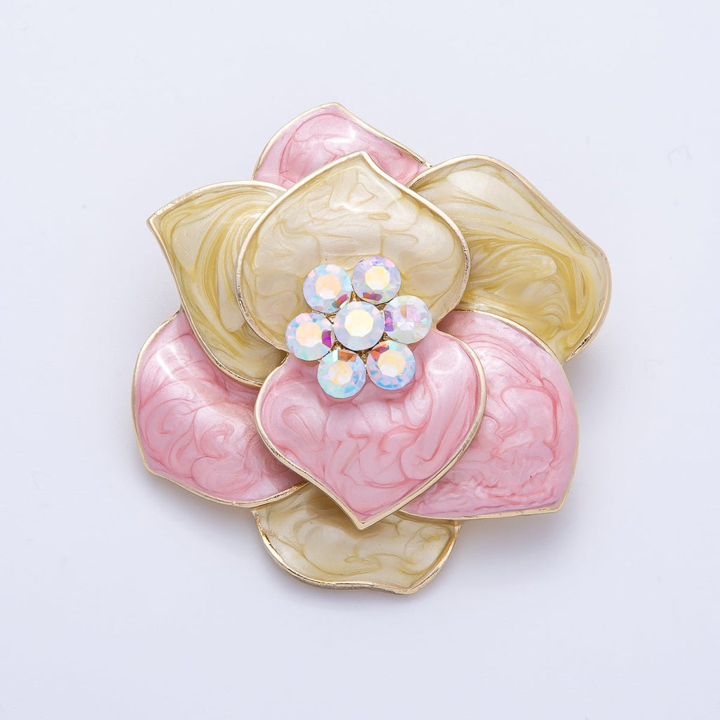 Gold 48.2mm x 38.5mm Rhinestone Yellow Pink Glitter Enamel Flower Pin Brooch | BH-089