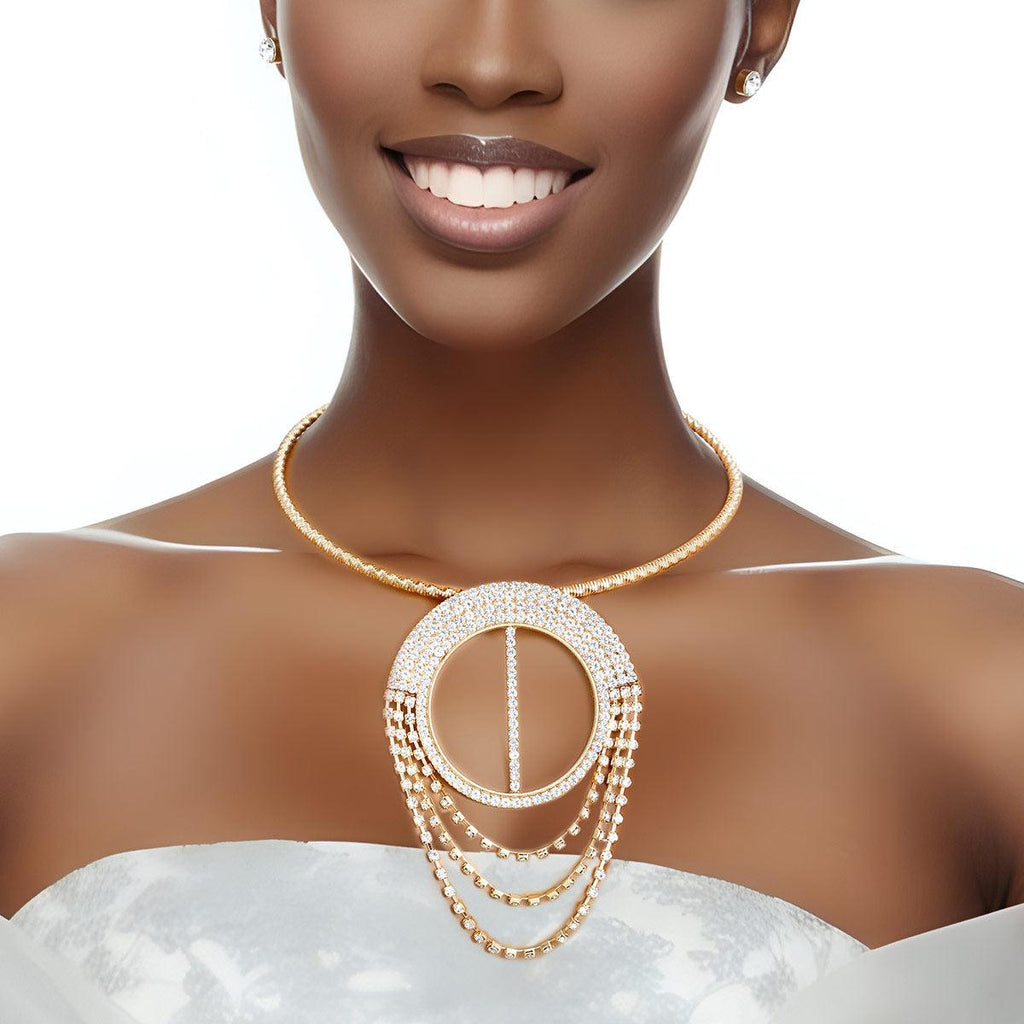 Gold Pave Draped Pendant Necklace & Earring Set