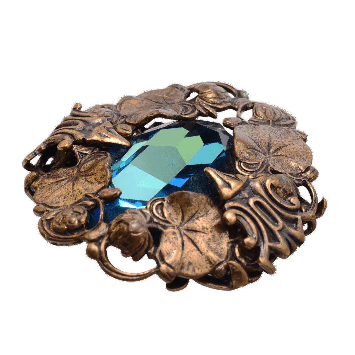 Art Nouveau Sapphire Glass Brooch - Base Metal Floral Setting 41mm Vintage Style Pin