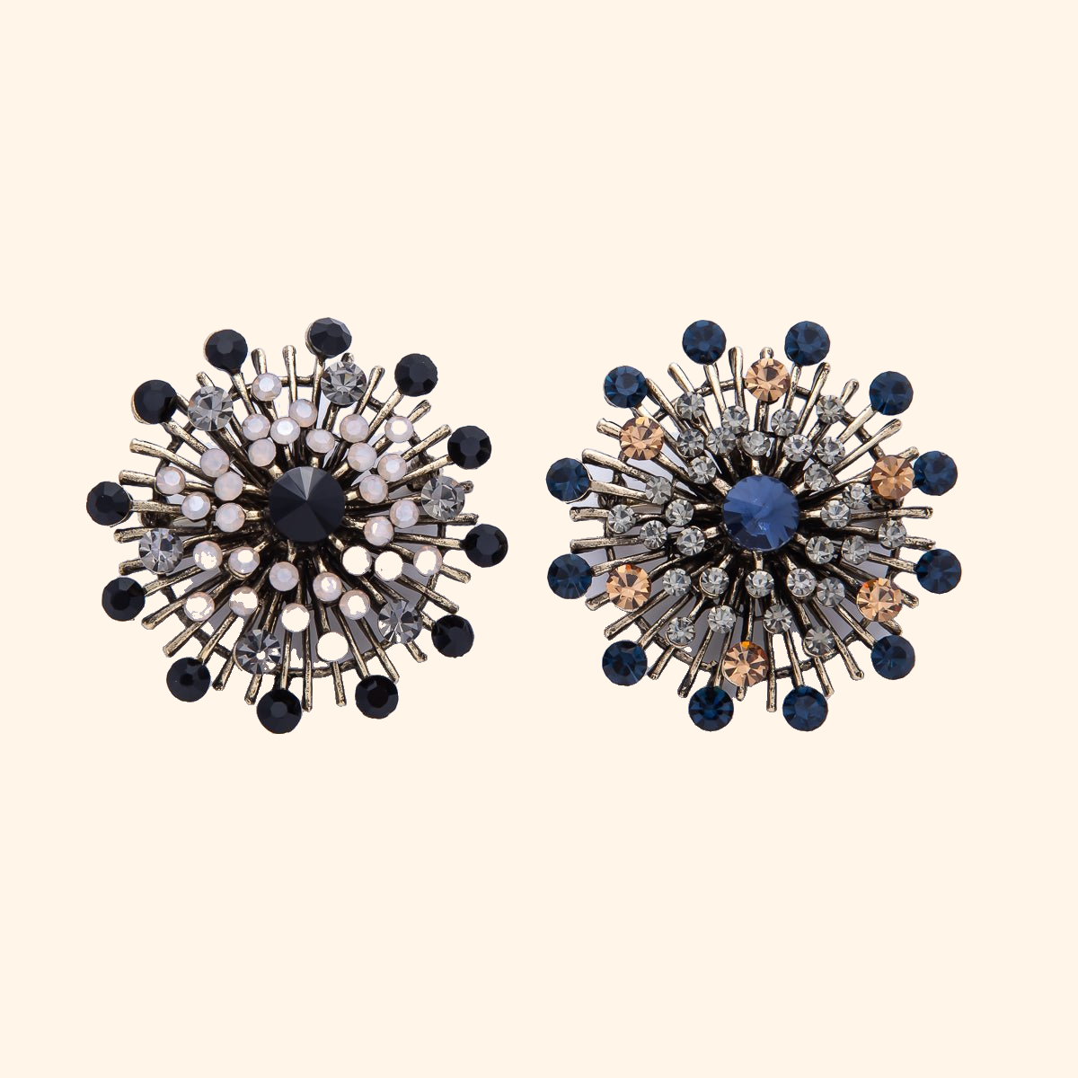 45mm Blue, Black Vintage Antique Sunburst Celestial Brooch Pin | BH-025 BH-026 — actual supplier photograph on warm ivory