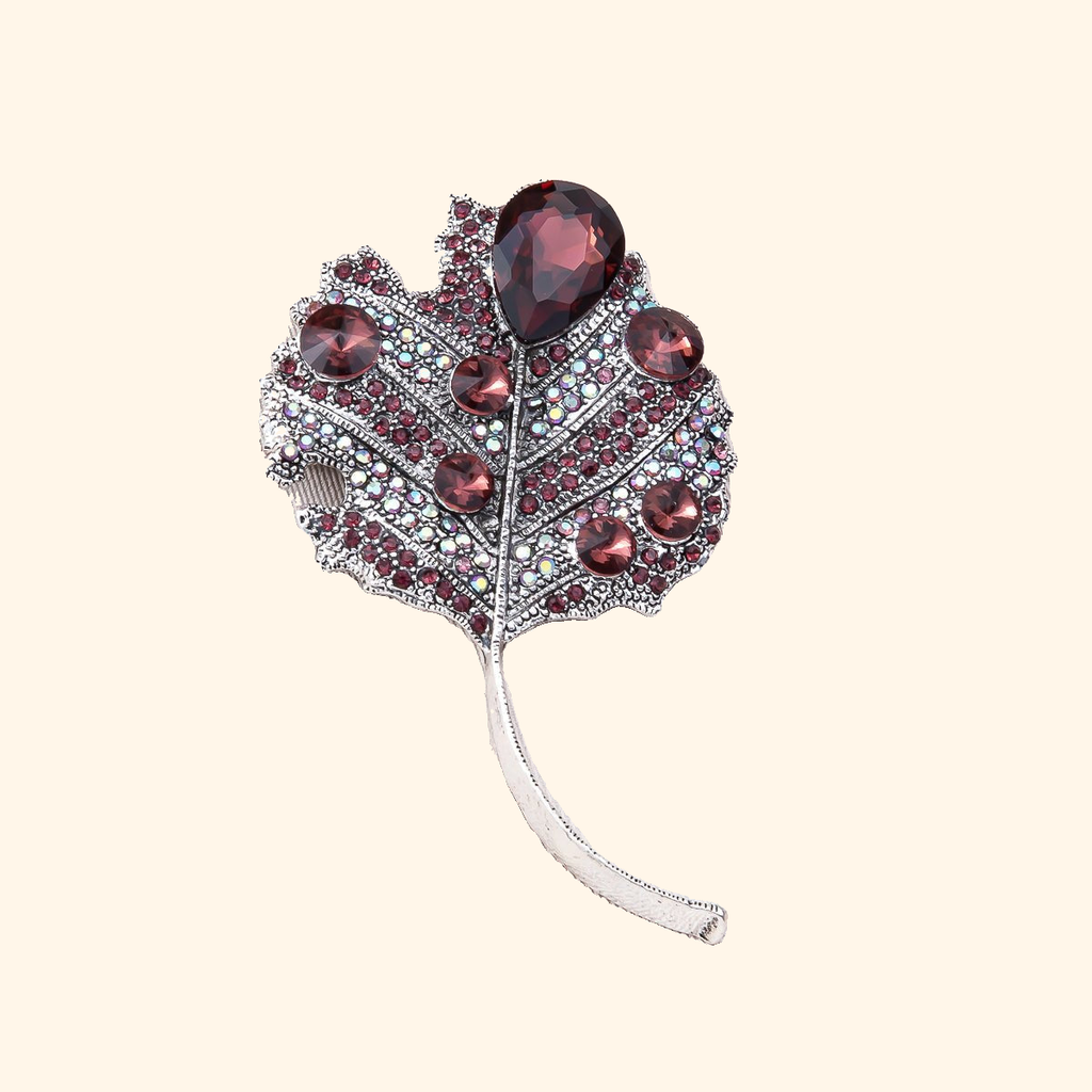 Antique Silver 80mm x 47mm Red Rhinestone Nature Leaf Plant Pin Brooch | BH-139 — actual supplier photograph on warm ivory