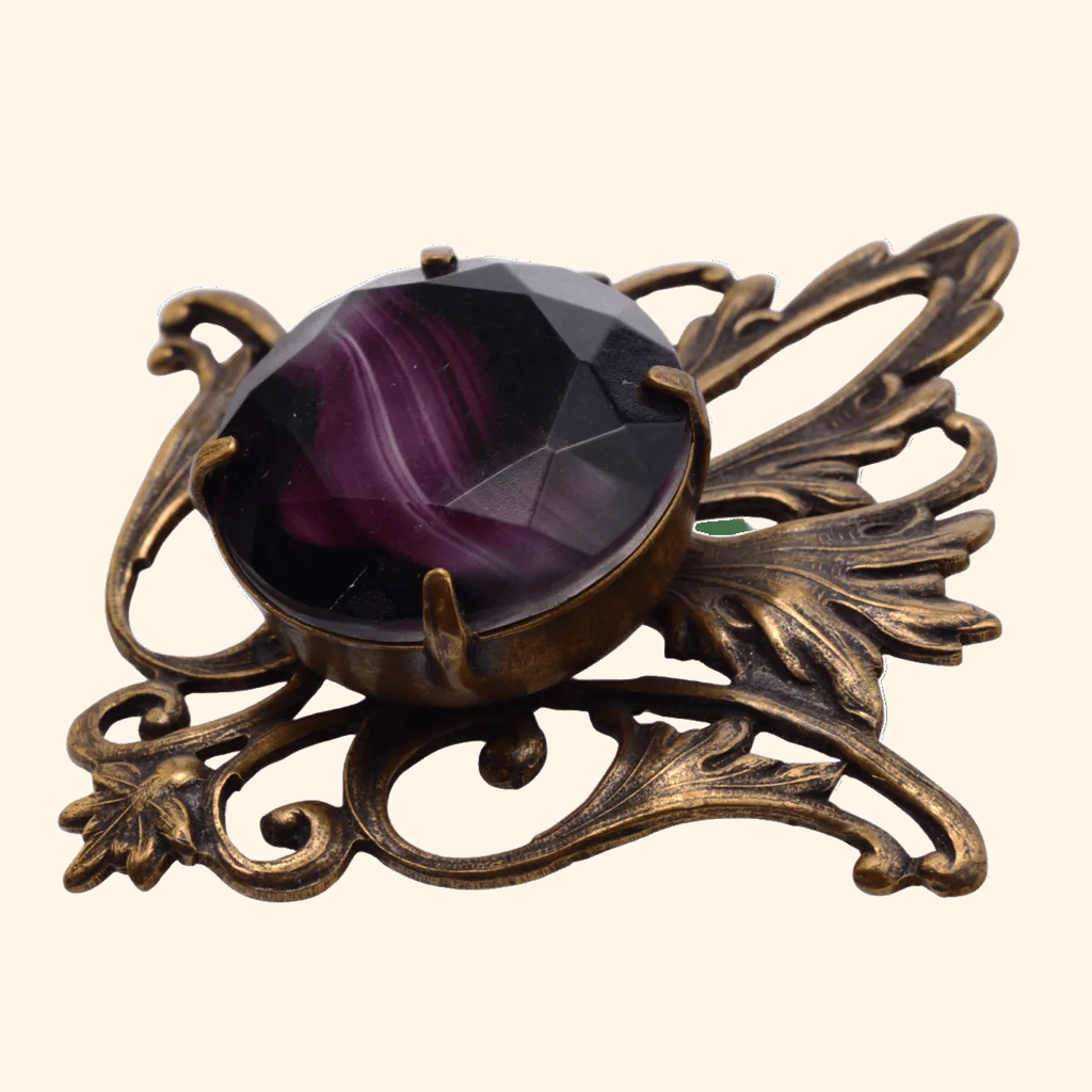 Amethyst-Color Art Glass Brooch — actual supplier photograph on warm ivory