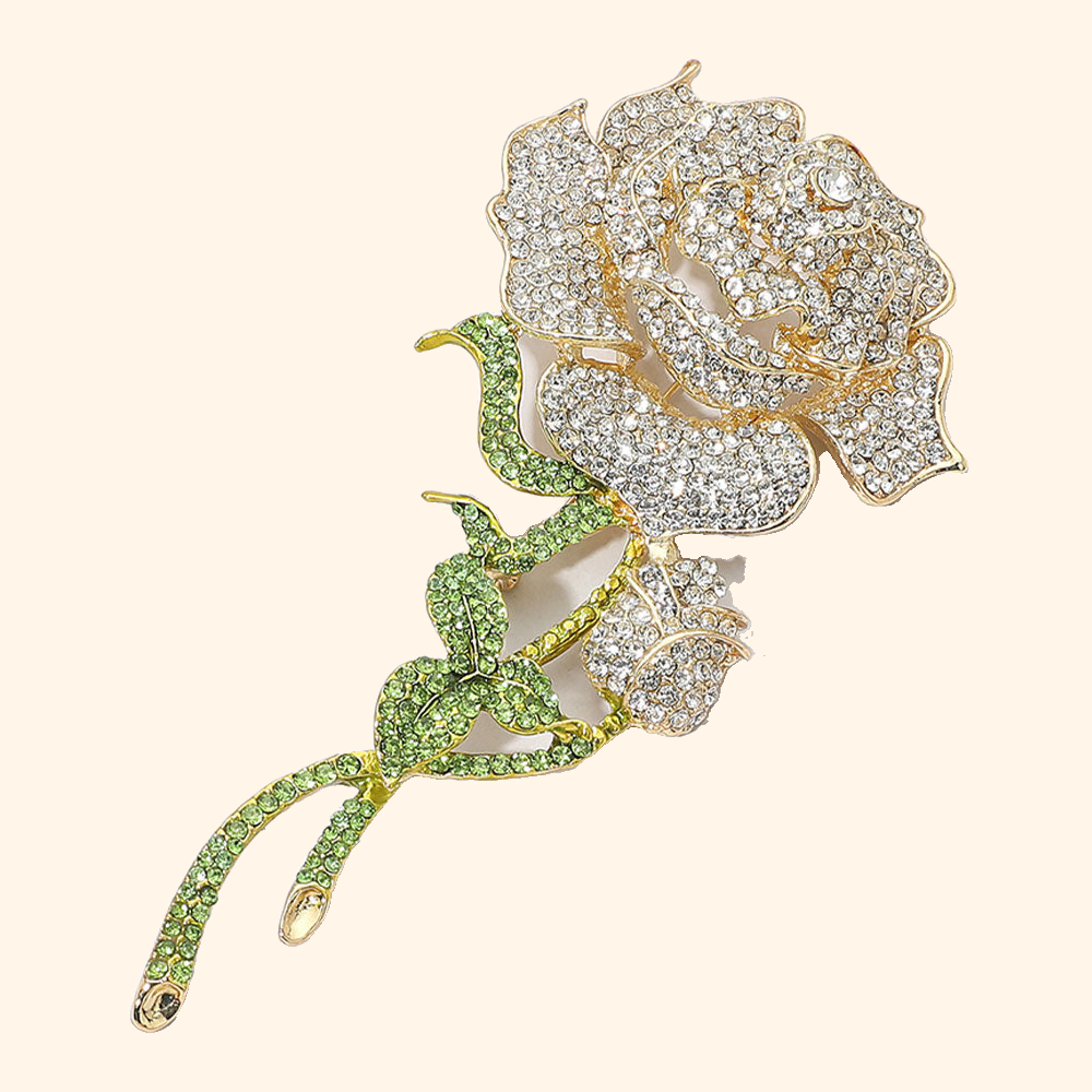 Long-Stem Rose Crystal Brooch — actual supplier photograph on warm ivory