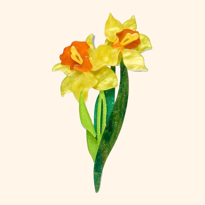 Garden Goddess Daffodil Brooch by Erstwilder — actual supplier photograph on warm ivory