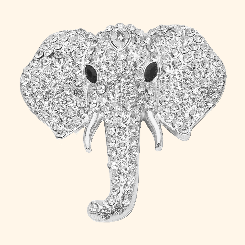 Crystal Elephant Brooch — actual supplier photograph on warm ivory