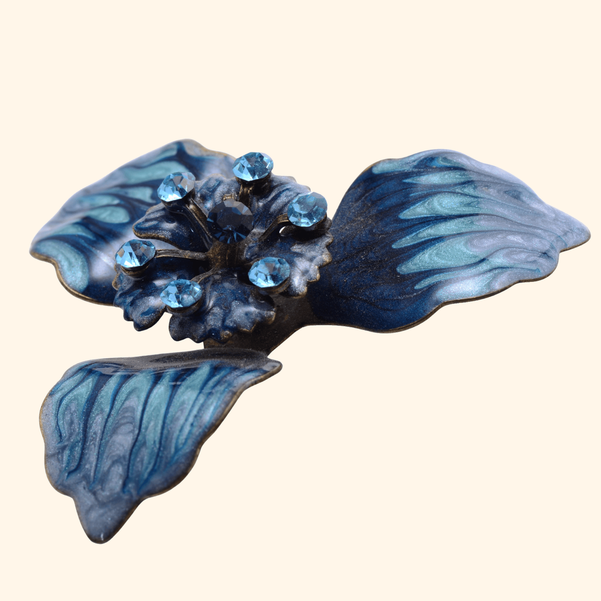 Vintage Blue Enamel Floral Brooch with Light Blue Rhinestones - 13x42mm Antique Glass Pin — actual supplier photograph on warm ivory