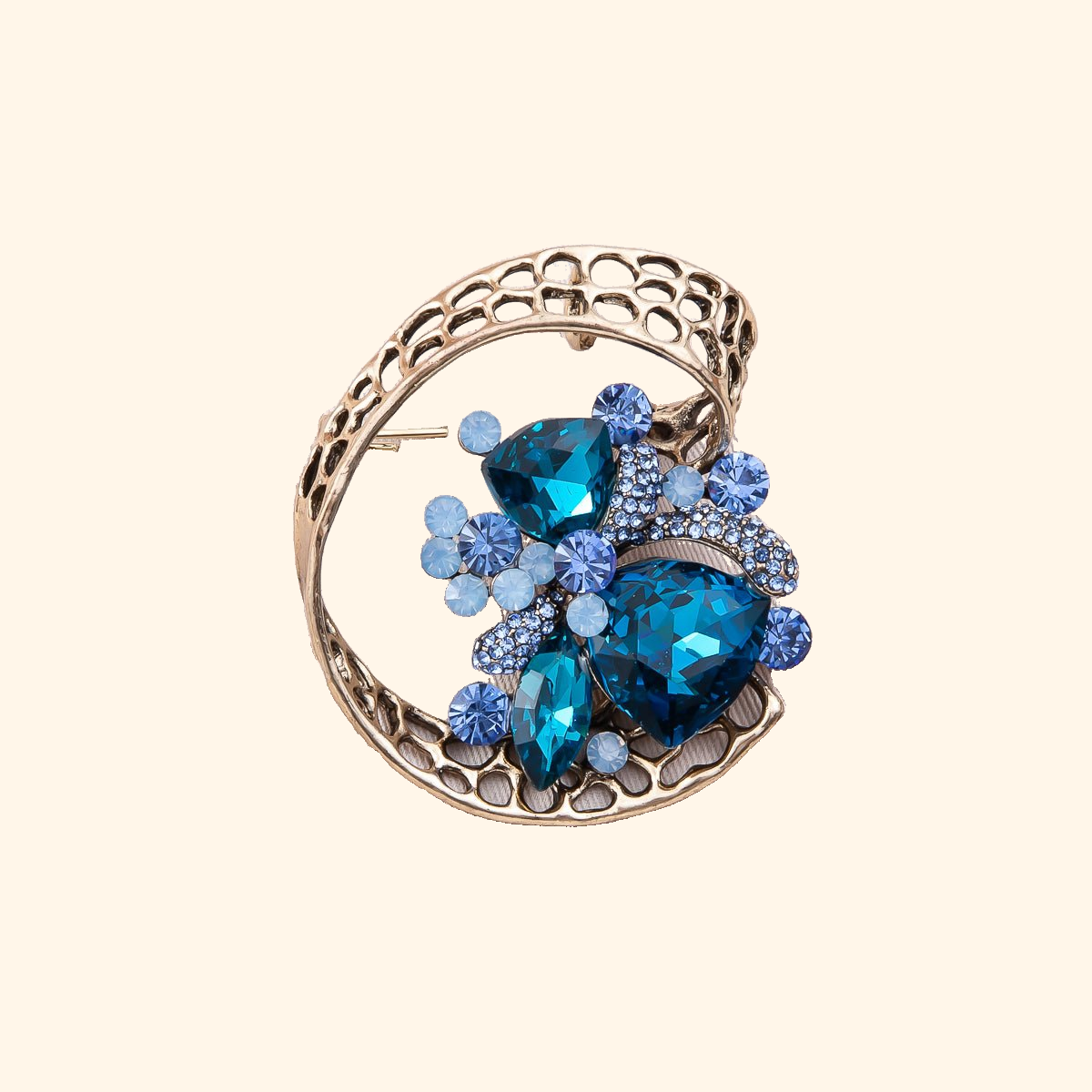 Vintage Gold 52mm x 47mm Blue Rhinestone Leaf Floral Geometric Pin Brooch | BH-146 — actual supplier photograph on warm ivory