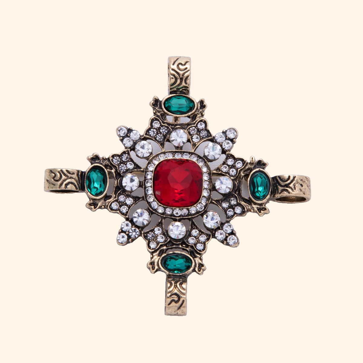 Vintage Gold 55.5mm x 35.5mm Multicolor Rhinestone Geometric Pin Brooch | BH-085 — actual supplier photograph on warm ivory