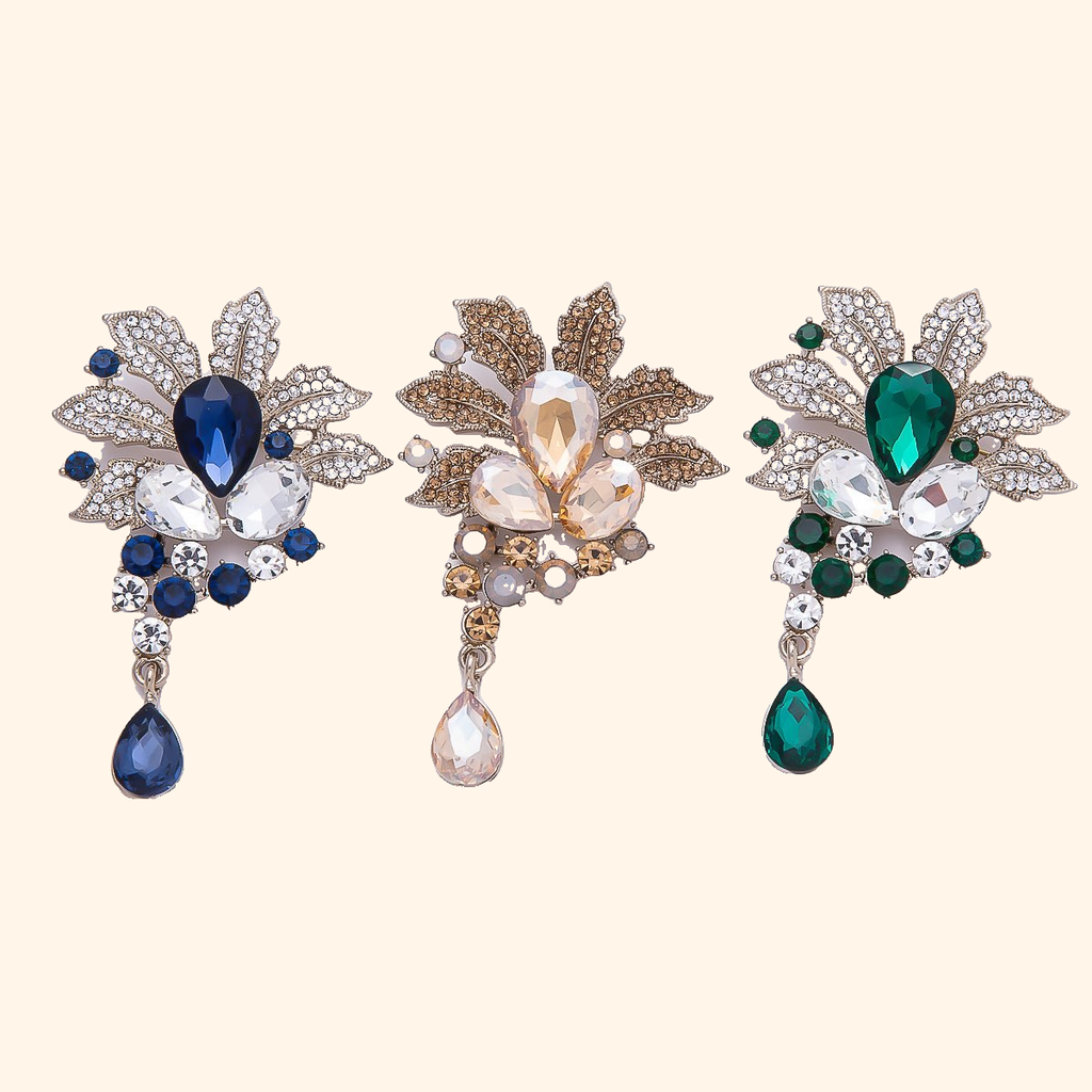 Vintage Gold 79.5mm x 50mm Green, Blue, Peach Rhinestone Flower Pin Brooch | BH-147 BH-148 — actual supplier photograph on warm ivory