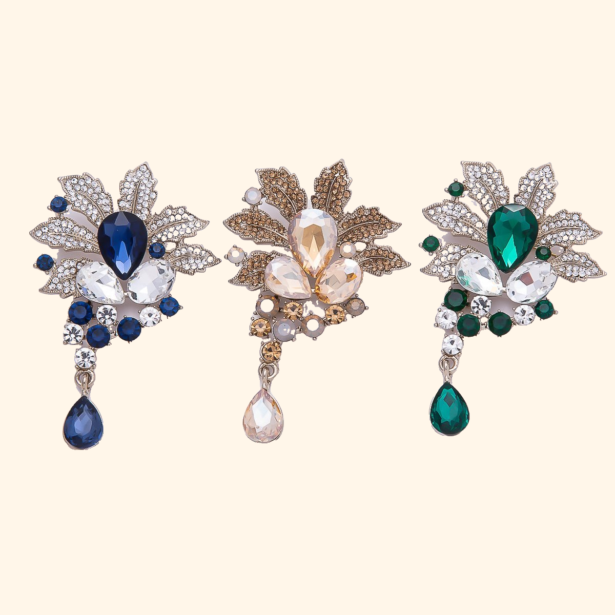 Vintage Gold 79.5mm x 50mm Green, Blue, Peach Rhinestone Flower Pin Brooch | BH-147 BH-148 — actual supplier photograph on warm ivory