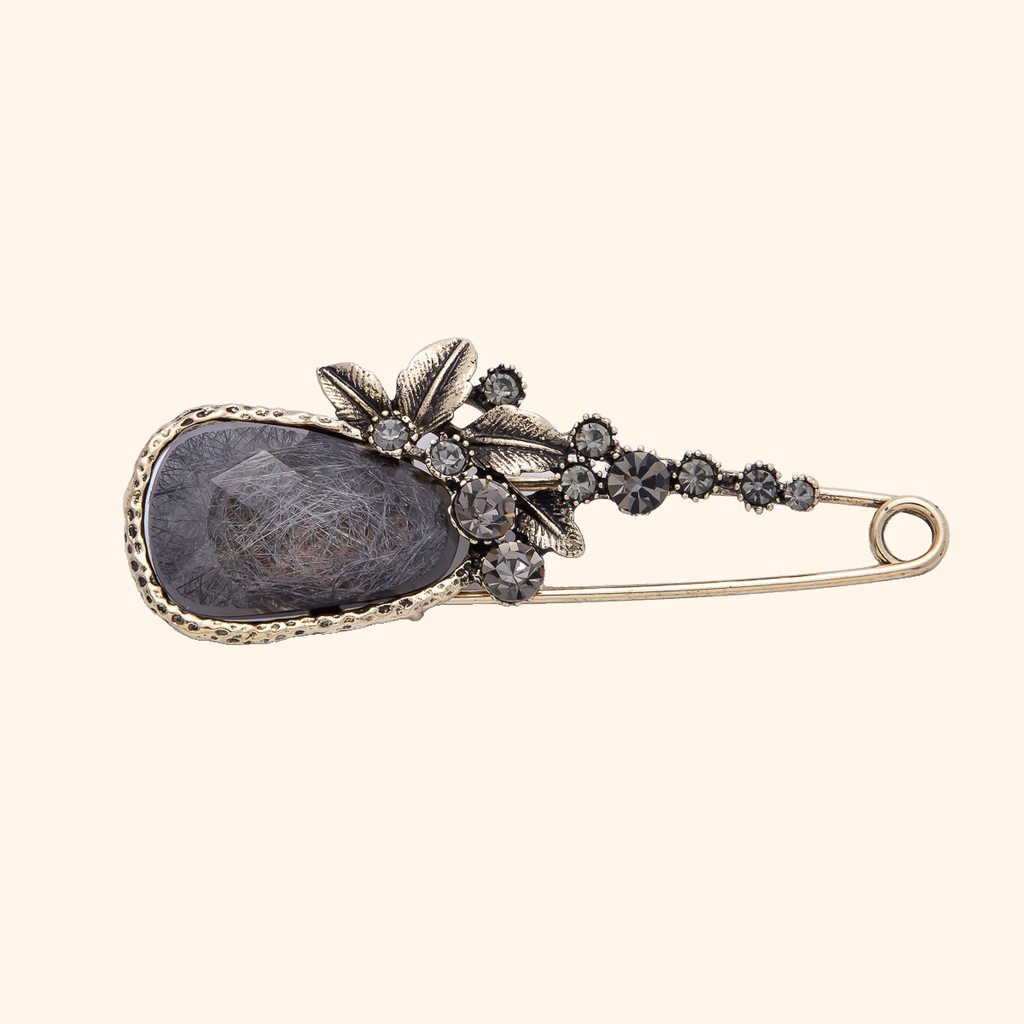 Vintage Gold 82mm x 31mm Dark Rhinestone Flower Safety Pin Brooch | BH-068 — actual supplier photograph on warm ivory