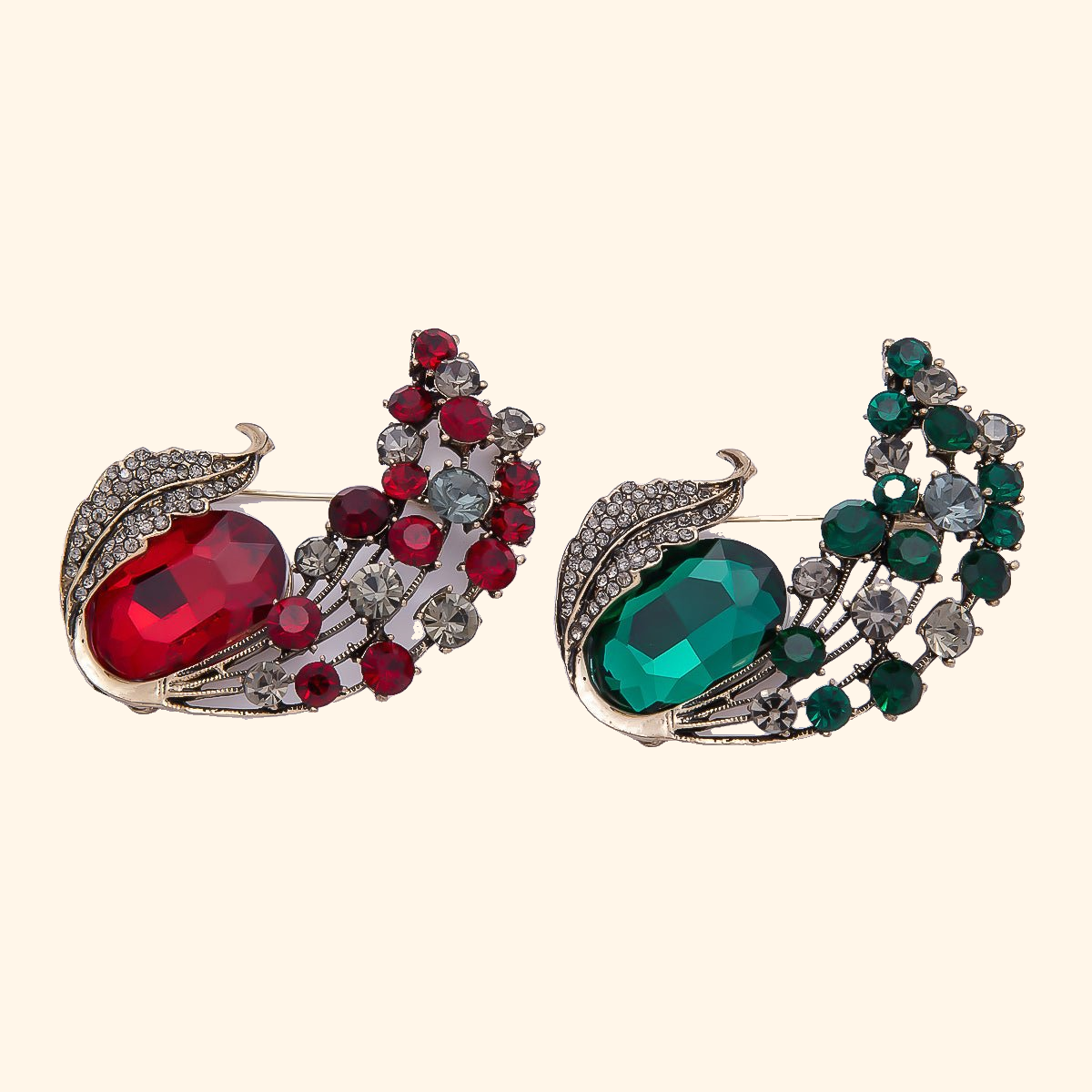Vintage Gold Green, Red Rhinestone Curved Leaf Nature Pin Brooch | BH-144 BH-145 — actual supplier photograph on warm ivory