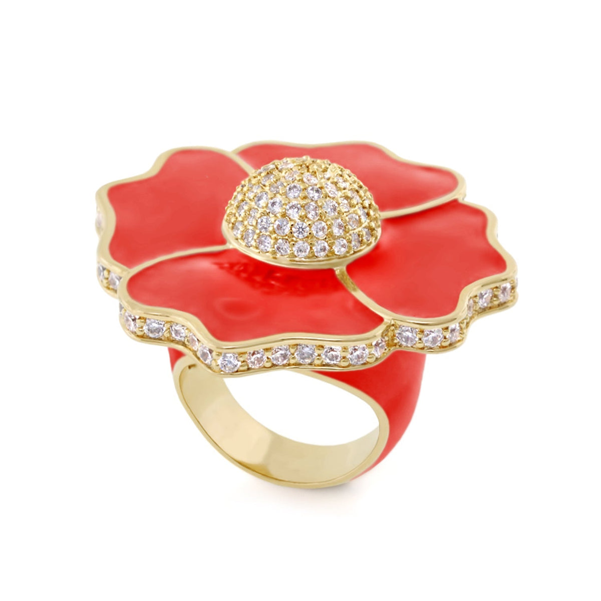 Poppy Love Flower Enamel CZ Cocktail Ring