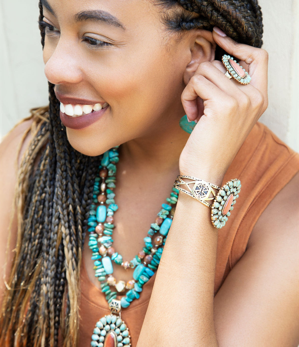 Sedona Blue Turquoise Orange Goldstone Golden Statement Ring