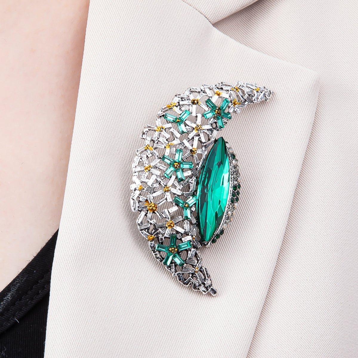 Crystal Flower Crescent Moon Brooch