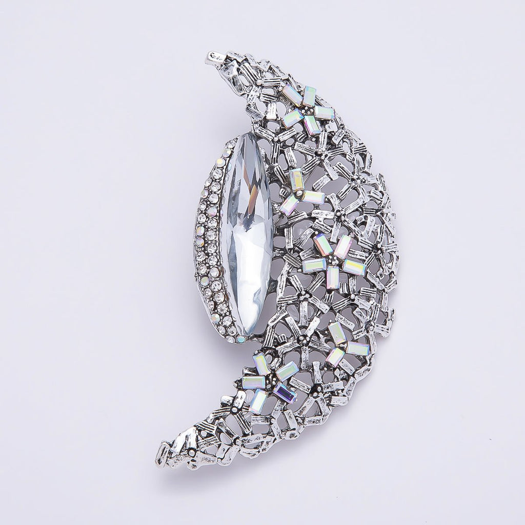 Silver 130mm x 37mm Green, Clear Rhinestone Flower Crescent Moon Pin Brooch | BH-128 BH-129