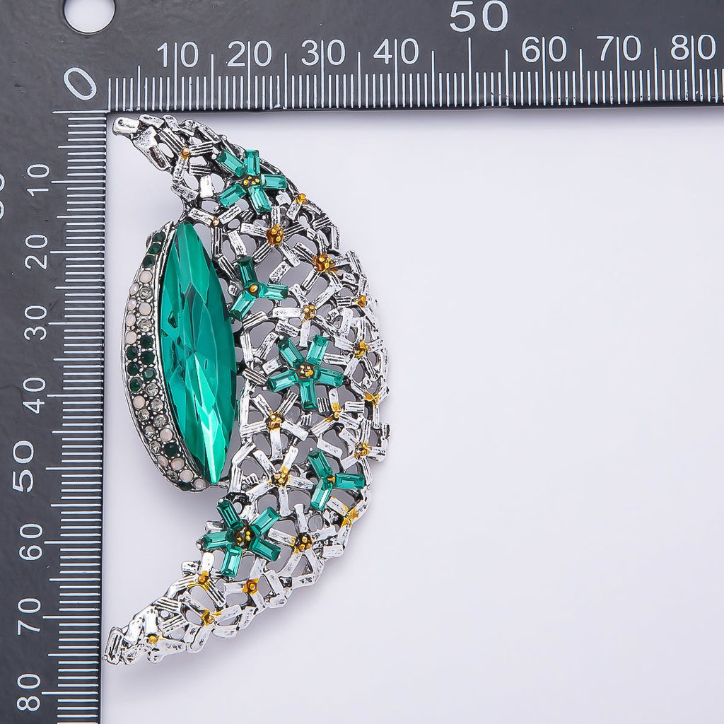 Silver 130mm x 37mm Green, Clear Rhinestone Flower Crescent Moon Pin Brooch | BH-128 BH-129
