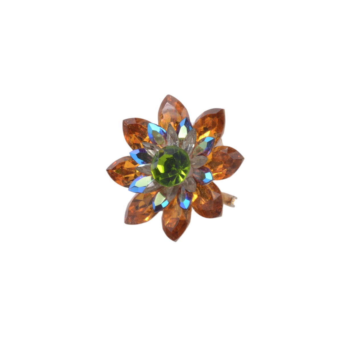 Vintage Swarovski Crystal Amber & Green Aurora Borealis Flower Brooch - 36mm Collectible Pin