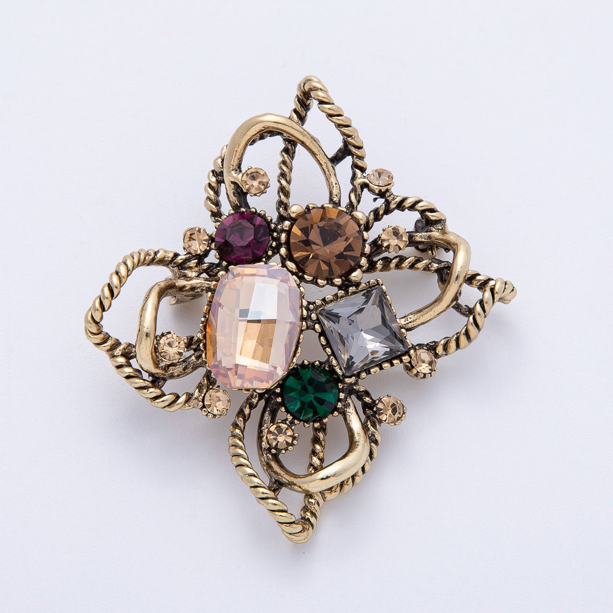 Multicolor Crystal Floral Brooch in Antique Gold Tone